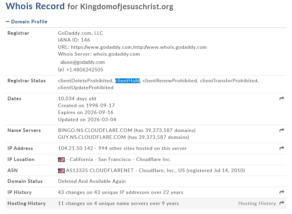 blakegripling's tweet photo. Could this be the end for Quiboloy's web presence? Domain status for both https://t.co/ZNjNXkmQpn and https://t.co/LDzLiX2dfr suggest that the domain provider has put the brakes on them recently per a sanctions compliance complaint I filed last March 3. https://t.co/JHchywtI8O