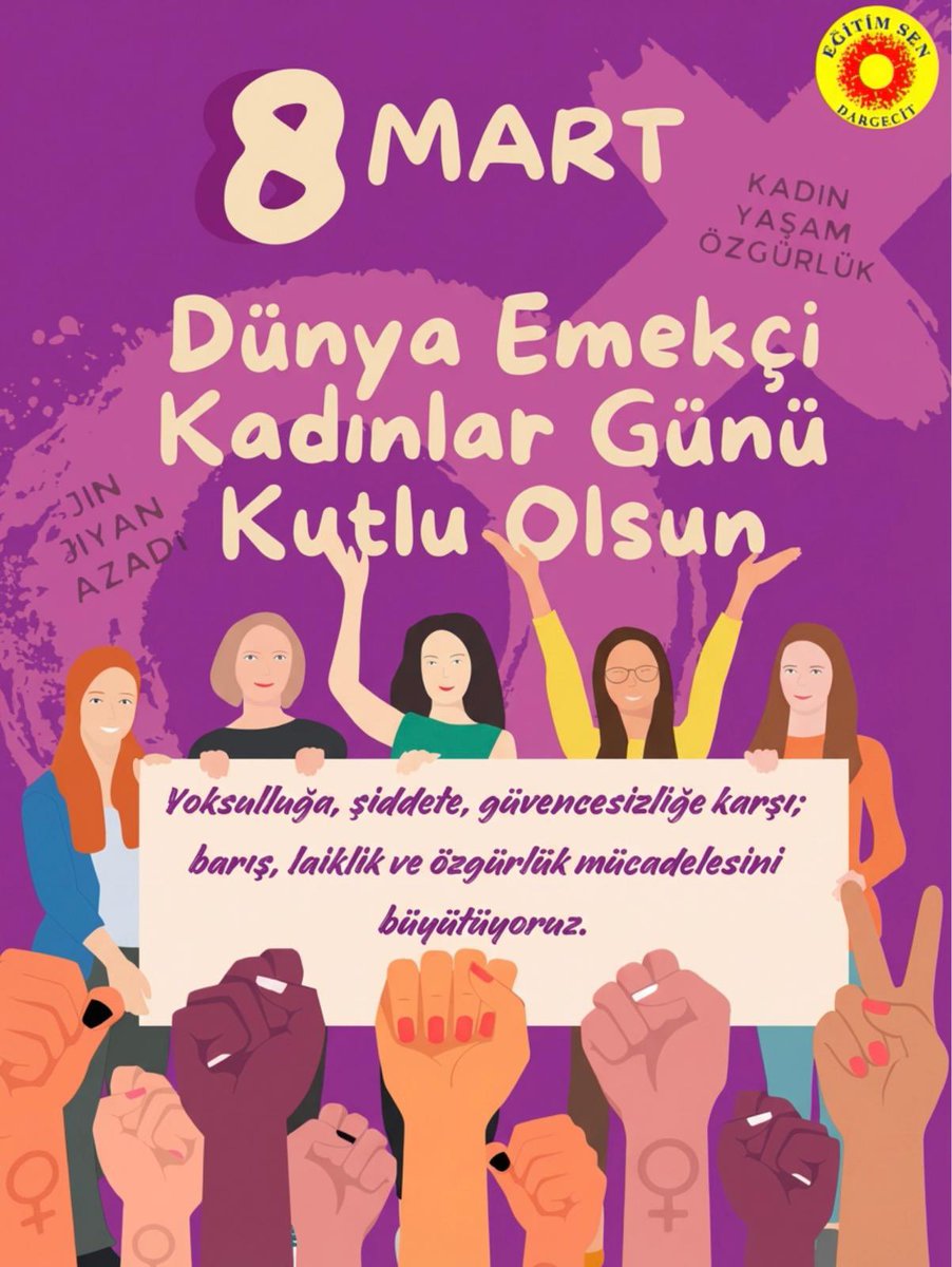 DargecitEgtmSen's tweet photo. “Yoksulluğa, Şiddete, Güvencesizliğe Karşı; Barış, Laiklik ve Özgürlük Mücadelesini Büyütüyoruz!” şiarıyla, Tüm emekçi kadınların 8 Mart Kadınların Uluslararası Birlik, Mücadele ve Dayanışma Günü kutlu olsun. 
Kadın, yaşam, özgürlük!
Jin, Jiyan, Azadî!✌️
@egitimsen 
#Dargeçit https://t.co/PZpzqFGOxT