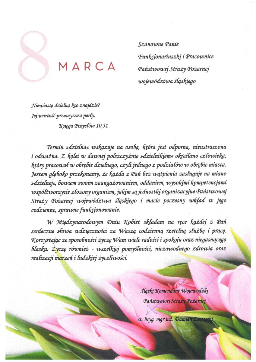 👨‍🚒💐Życzenia Śląskiego Komendanta Wojewódzkiego PSP st. bryg. Damiana Legierskiego z okazji Międzynarodowego Dnia Kobiet.