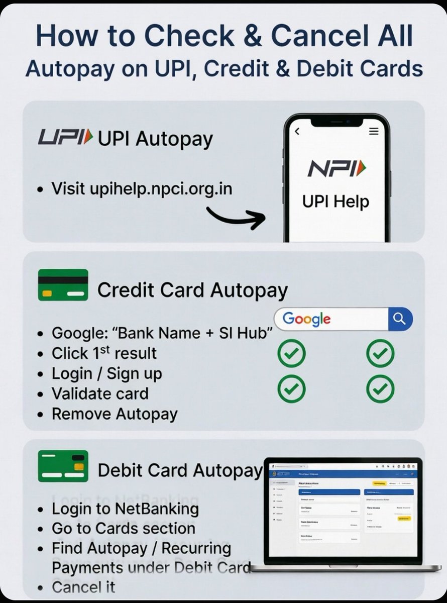 nebula_world's tweet photo. 🤞How to Check all autopay set on your UPI and credit cards: Take action  

1️⃣For UPI - https://t.co/NQm3RcanJT

2️⃣Credit cards - just type bank name and SI hub on Google and click on the 1st search result. Login/Sign up,  Validate your card and remove the autopay 

Check this link for ease - https://t.co/HzHAmn1scn

3️⃣Debit cards - login to NetBanking, head to cards section, under debit card find autopay/recurring payment ,cancel it . 

🔁 RT and bookmark for reference🔖