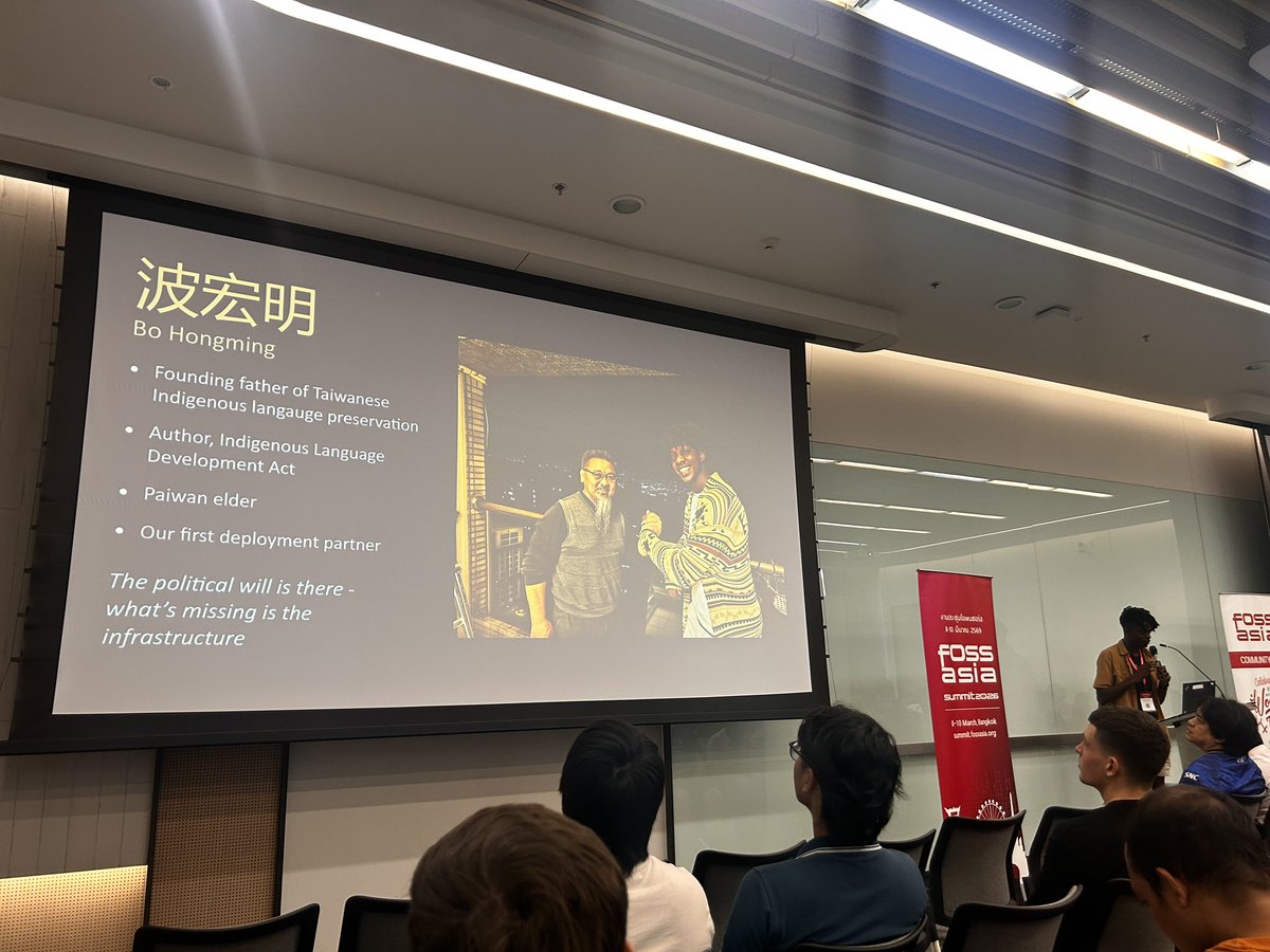 Very cool talk from Chisomo Banzi at #FOSSASIA on Starlog open infrastructure for language preservation and learning. Based in Taiwan they are working with indigenous elders and have Shona tools assess the “health” of indigenous minority languages