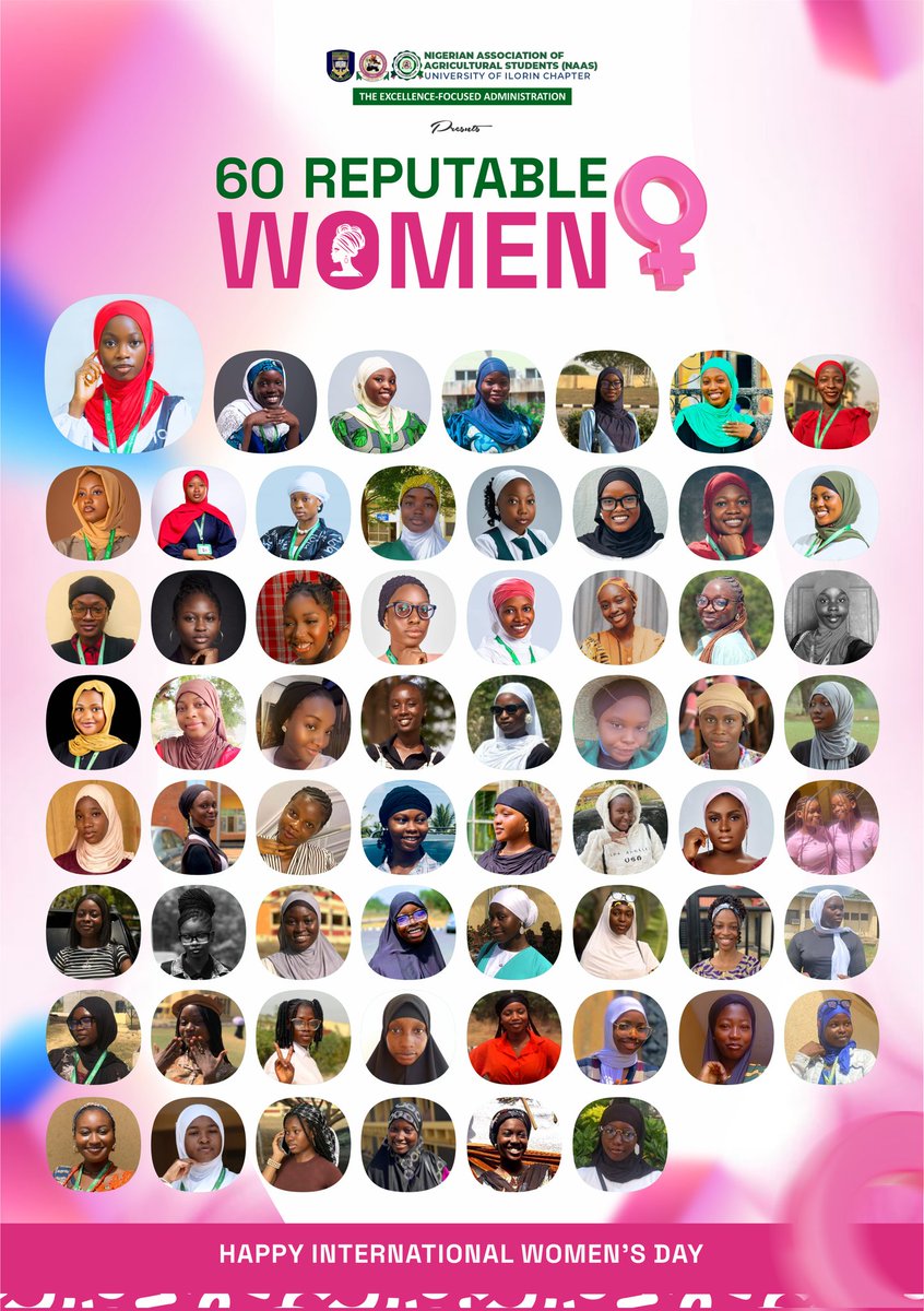 60 WOMEN. 60 STORIES OF IMPACT♀️

 Today, we spotlight 60 Reputable Women in NAAS whose excellence, leadership, and dedication continue to inspire those around them.
 
HAPPY INTERNATIONAL WOMEN'S DAY!

#ExcellenceFocusedAdministration
<a href="/UilStudentUnion/">Unilorin SU</a>
<a href="/UnilorinNGR/">University of Ilorin, Nigeria</a>