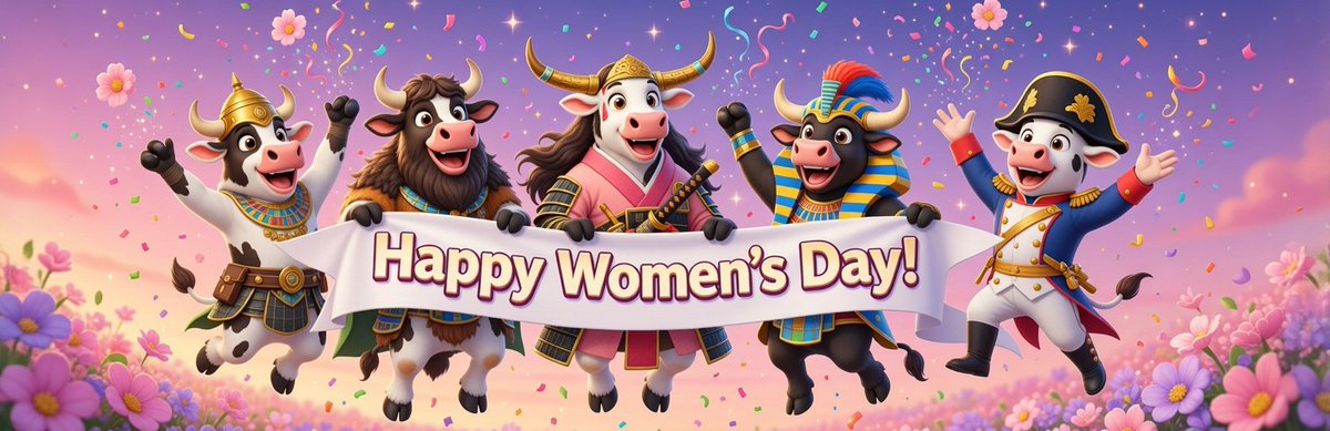 MooMooHub's tweet photo. When the herd goes mad for WOMEN! 🐂✨ Jumping, slashing, cheering — because strong women deserve the biggest party! Happy Women’s Day! 🌸🎉 #HappyWomensDay #CowsGoneMad https://t.co/RypQ4U3UEf