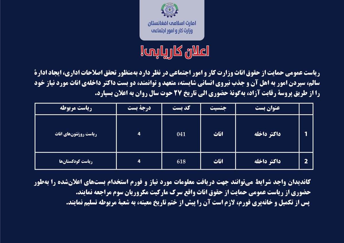Molsa_gov_af's tweet photo. اعلان کاریابی! https://t.co/3Ib8ey48Sv
