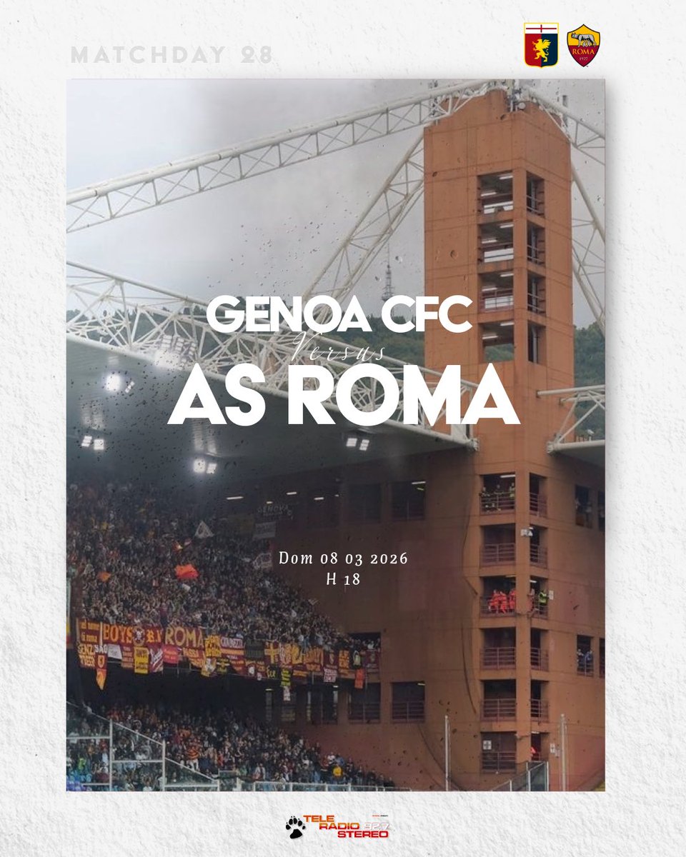 🟡🔴 MATCH DAY 🟡🔴
🗓️ GENOA-ROMA
🕙 18:00
🏟️ Stadio Luigi Ferraris 
Live dalle 17:00
Radiocronaca di <a href="/AlessioNardo/">Alessio Nardo</a> - <a href="/AndreaCorallo10/">Andrea Corallo</a> 
📻 92.7 FM
📺 76 DTV
Twitch.tv/teleradiostereo