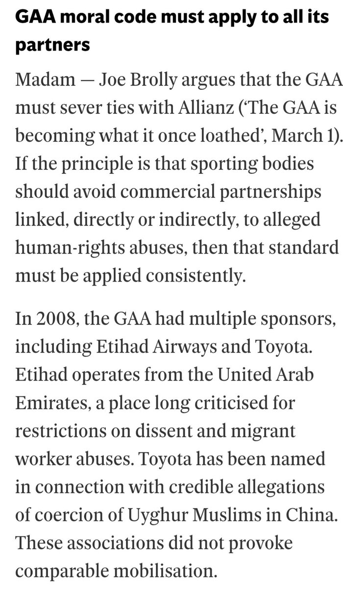 AdamsSandr4794's tweet photo. Thanks @Independent_ie for publishing my letter. There’s lots of outrage about Allianz sponsoring the GAA, but much less about men playing in ladies’ Gaelic football. If fairness is the principle, let's support @GaelsFairPlay to demand 
@LadiesFootball keeps the sport single-sex. https://t.co/to5NDSE0UQ