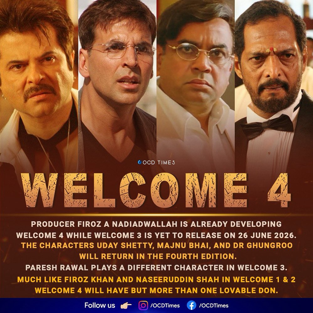 ocdtimes's tweet image. The makers had connected #Welcome and #WelcomeBack. #WelcomeToTheJungle is different. Hope they reconnect the franchise with #Welcome4 and #KatrinaKaif makes a return.
.
#OCDTimes #Welcome3 #AnilKapoor #AkashyKumar #PareshRawal #NanaPatekar