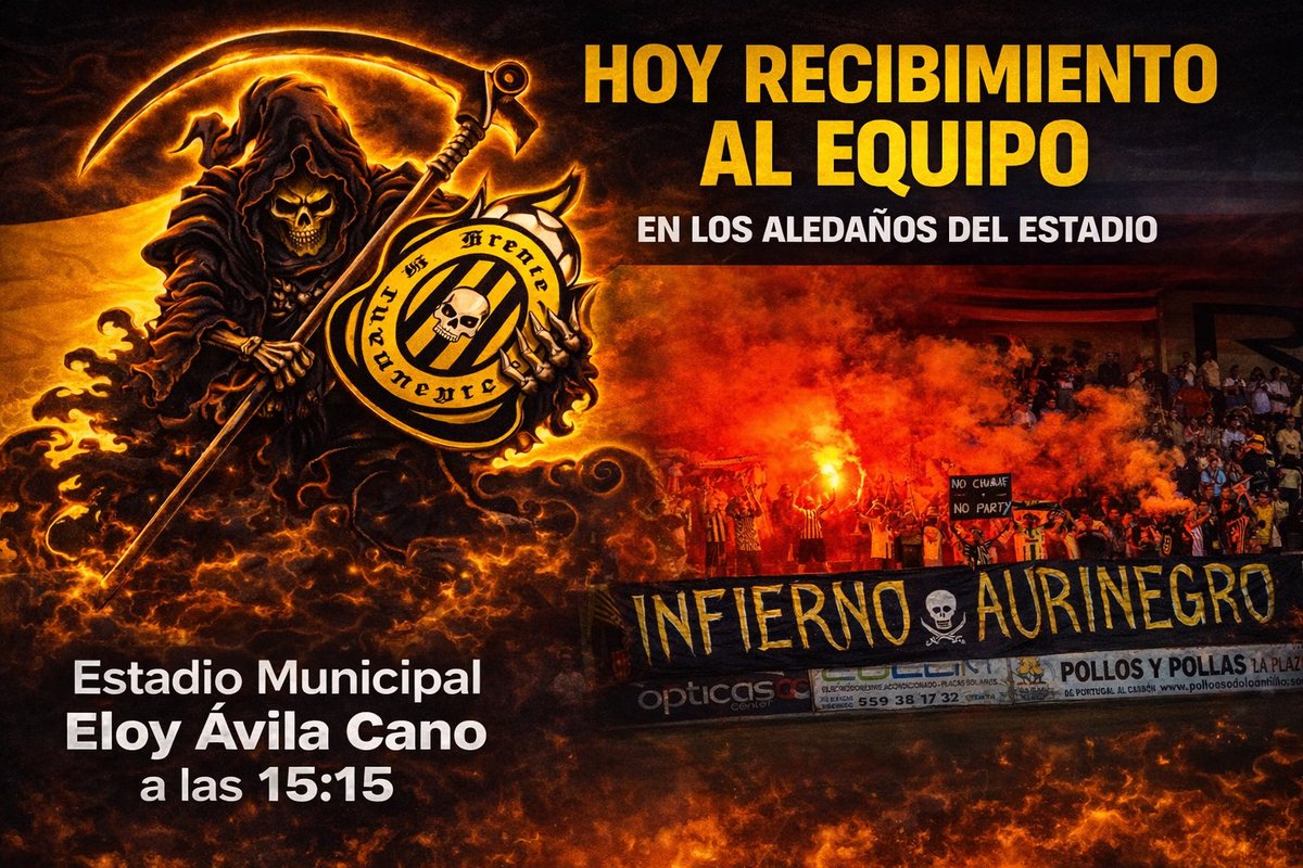 📢 ¡Hoy más que nunca necesitamos vuestro apoyo!

Recibimiento al equipo en los aledaños del Estadio Municipal Eloy Ávila Cano a las 15:15.  

Ven a animar, a sentir los colores y a demostrar que juntos somos más fuertes.  
¡Hagamos que el equipo sienta el aliento de su gente💛🖤