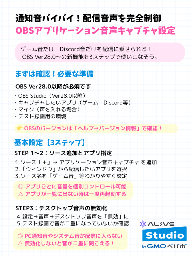 alive_studio_x's tweet image. OBSで特定アプリの音だけ配信に乗せる方法✍️

通知音やシステム音が配信に入って困っていませんか？「アプリケーション音声キャプチャ」を使えばゲーム音・Discord音を個別にコントロールできます◎
保存してご活用ください🎙️
#OBS #配信者 #音質改善 #配信初心者