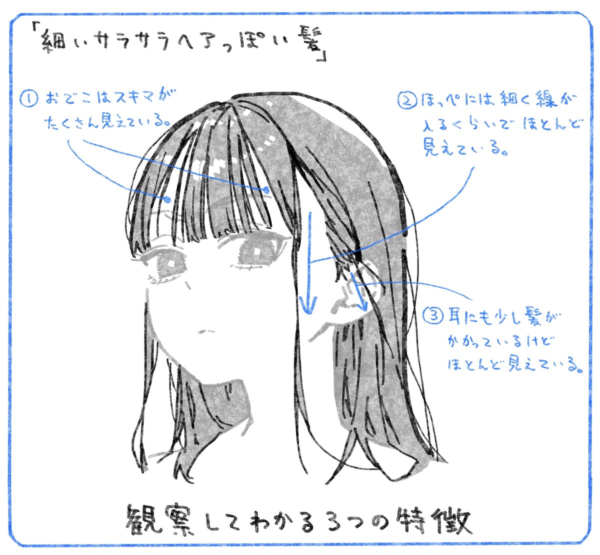 サラサラヘアを描きたいときにどうぞ。
#それっぽく描くコツ 