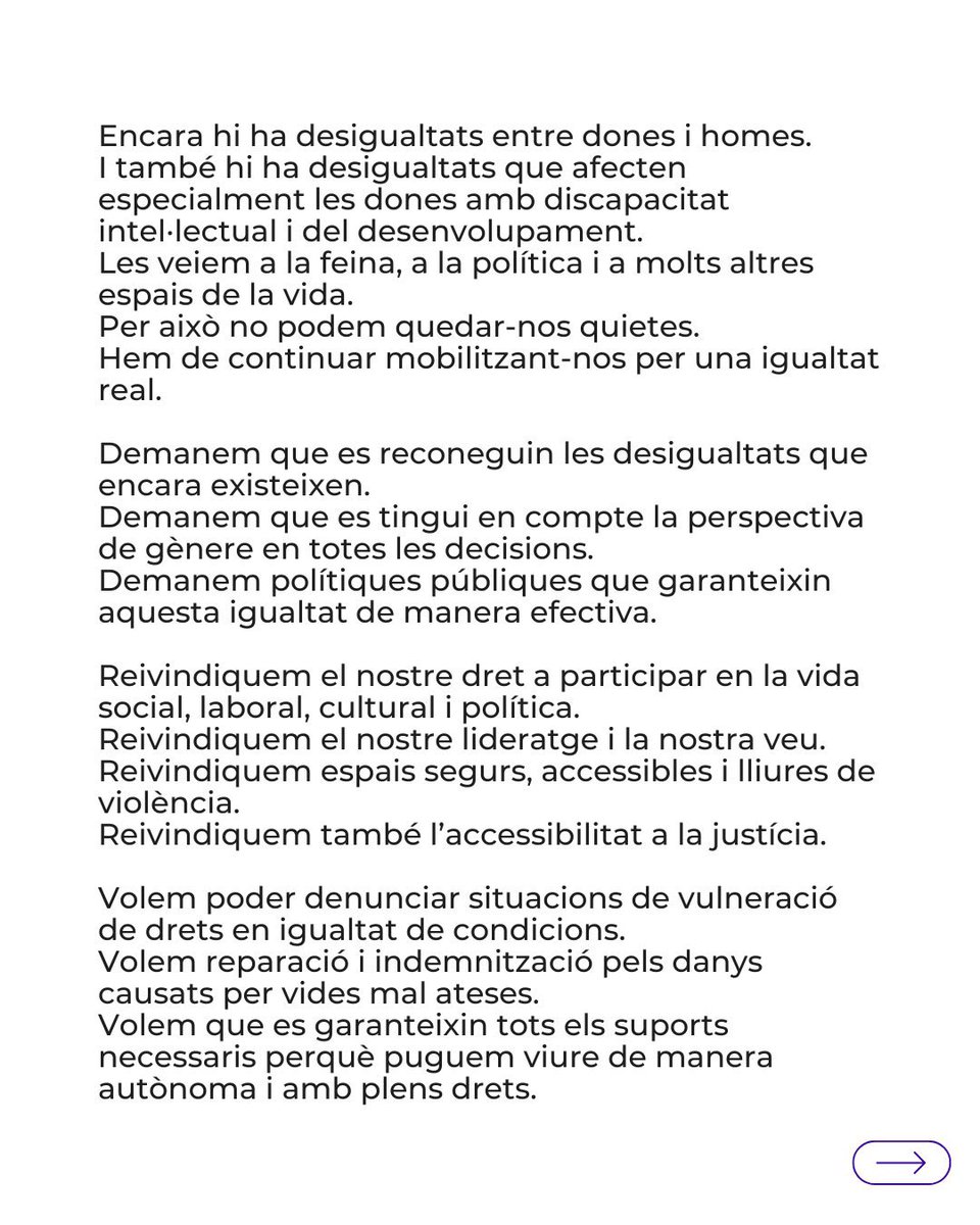 prodisterrassa's tweet photo. Avui, 8M, ens adherim al manifest #DonesAlCarrer de @_dincat
Les dones amb discapacitat intel·lectual i del desenvolupament sovint pateixen una doble discriminació. Avui alcem la veu per una societat amb igualtat, dignitat i drets per a totes.
#8M #Prodis #JuntsSomCapaços https://t.co/HMd3LySfzA