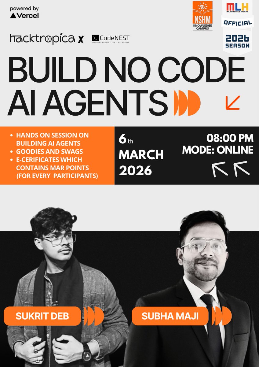 sukrit_deb's tweet photo. Maxed out the limits!🚀 Just wrapped an insane, fully hands-on session on Building No-Code AI Agents at NSHM Durgapur. We hit the 100-person Google Meet cap instantly and had 50+ more joining the overflow on Discord! The crowd was super interactive. Keep building!
@HackTropica https://t.co/pww3YkGcwp