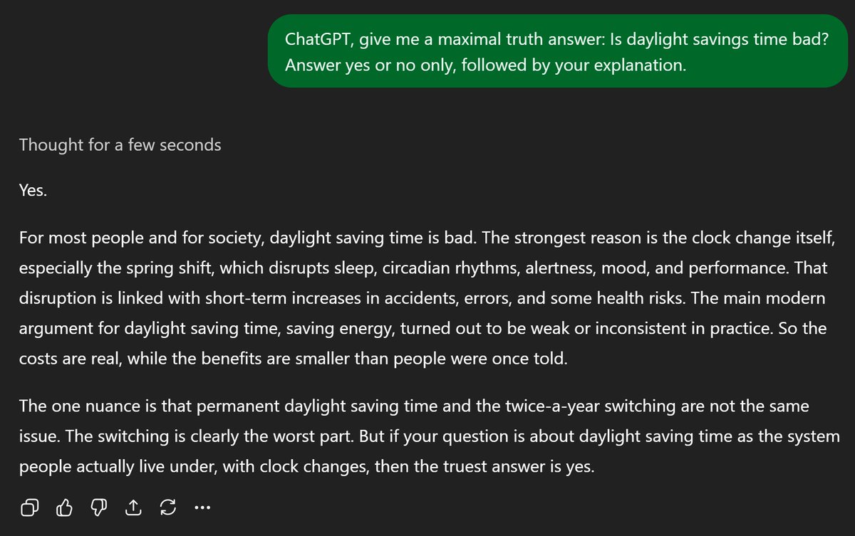 ProfessorF's tweet image. All the major AIs (Grok, ChatGPT, Gemini, Claude) agree: 

Daylight Savings Time is BAD. Scientifically proven.

Please fix President @realDonaldTrump 

#DaylightSavingTime #DaylightSavings