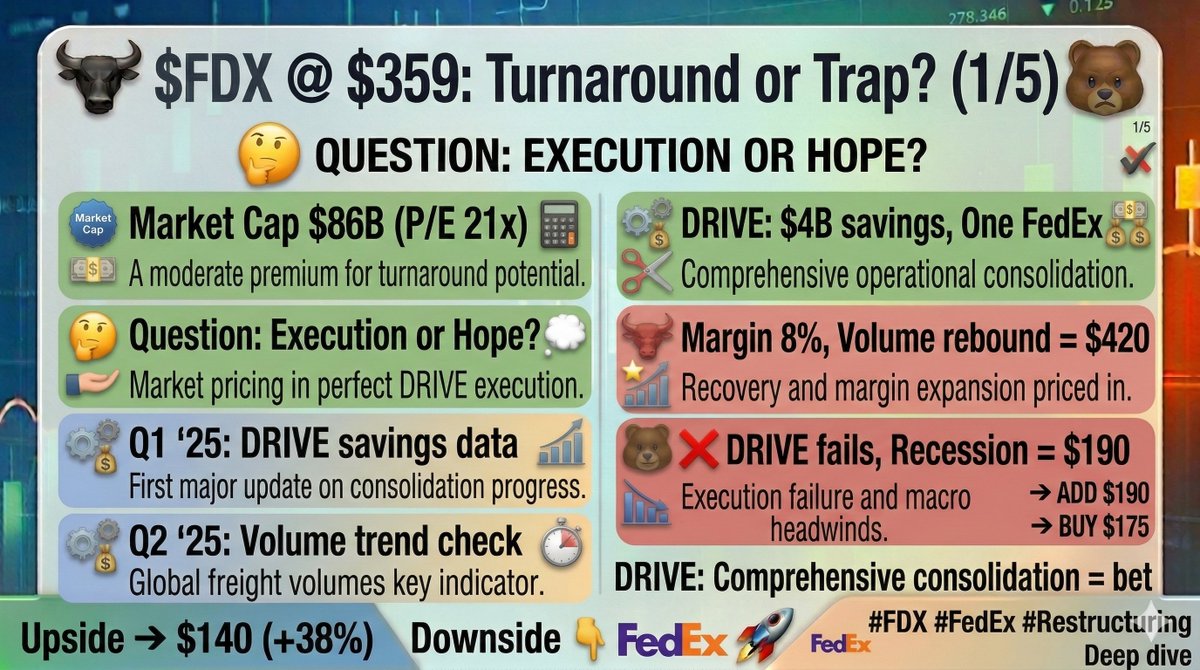 prettypek4531's tweet photo. 1/5 $FDX @ $359 - Turnaround or Trap?

📊 Market Cap $86B (P/E 21x)
✂️ DRIVE: $4B savings, One FedEx
🤔 Question: Execution or Hope?

🐂 Margin 8%, Volume rebound = $420
🐻 DRIVE fails, Recession = $190

Deep dive 👇
#FDX #FedEx #Restructuring https://t.co/NCxNkWRjWO
