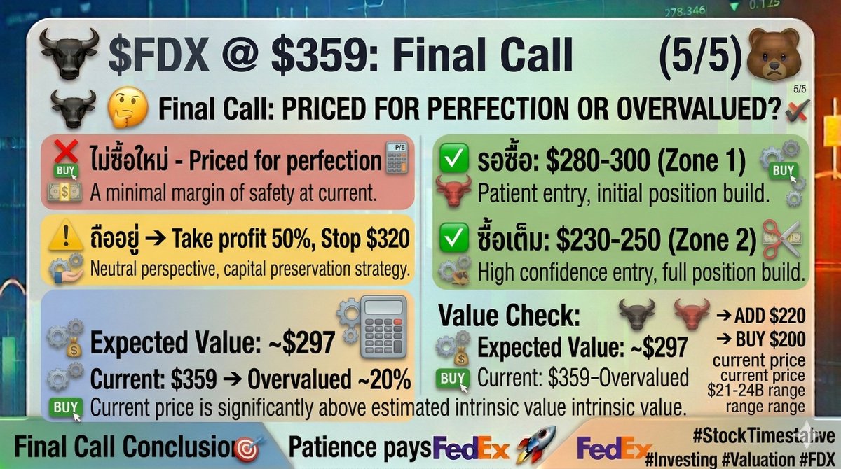 prettypek4531's tweet photo. 5/5 $FDX @ $359 Final Call:

❌ ไม่ซื้อใหม่ - Priced for perfection
⚠️ ถืออยู่ ➡️ Take profit 50%, Stop $320
✅ รอซื้อ: $280-300 (Zone 1)
✅ ซื้อเต็ม: $230-250 (Zone 2)

Expected Value: ~$297
Current: $359 ➡️ Overvalued ~20%

Patience pays 🎯
#Investing #Valuation #FDX https://t.co/1os7Lsg03Y