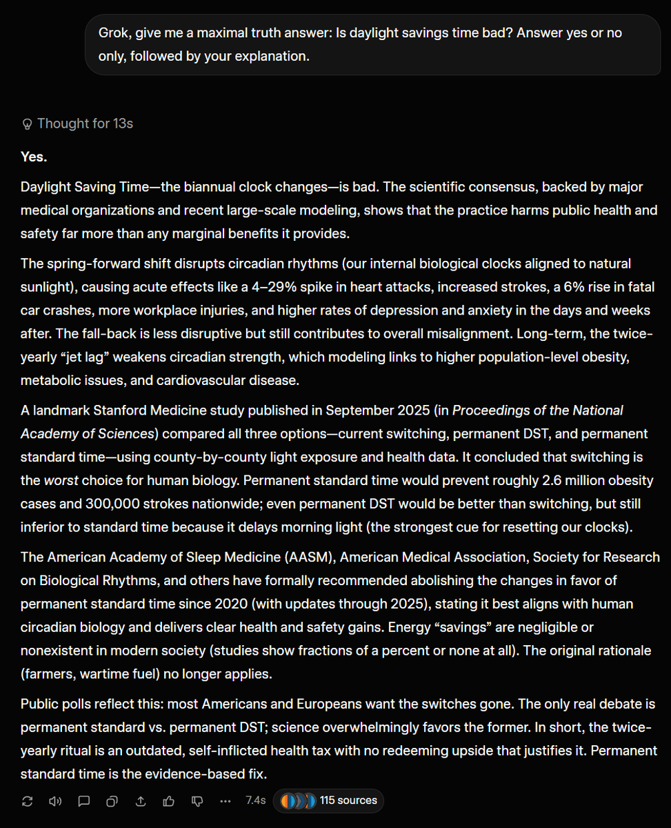 ProfessorF's tweet image. All the major AIs (Grok, ChatGPT, Gemini, Claude) agree: 

Daylight Savings Time is BAD. Scientifically proven.

Please fix President @realDonaldTrump 

#DaylightSavingTime #DaylightSavings