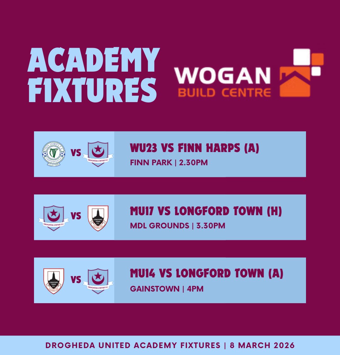 𝐌𝐀𝐓𝐂𝐇𝐃𝐀𝐘

Our WU23, MU17 &amp; MU14 sides are all back in action today.

Our WDL game away to Finn Harps will be streamed live by <a href="/HarpsAcademy/">Finn Harps Academy</a> 👇

📺 youtube.com/watch?v=tQN6iY…

🟣🔵 #WeAreDrogs | <a href="/DroghedaUnited/">Drogheda United F.C.</a>