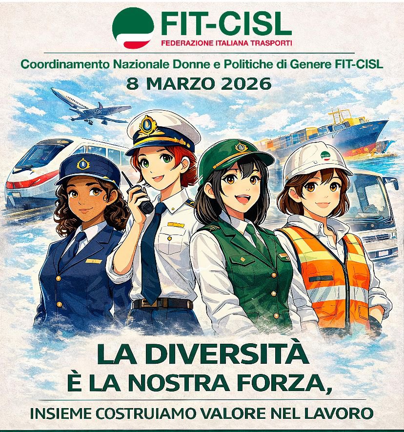 FitCisl's tweet photo. #8marzo 𝐆𝐢𝐨𝐫𝐧𝐚𝐭𝐚 𝐈𝐧𝐭𝐞𝐫𝐧𝐚𝐳𝐢𝐨𝐧𝐚𝐥𝐞 𝐝𝐞𝐥𝐥𝐚 𝐃𝐨𝐧𝐧𝐚 
Riconoscere il valore delle donne nel #lavoro non è un gesto simbolico, ma una scelta concreta di civiltà, progresso e giustizia sociale.
Per la Fit #8 marzo è ogni giorno 

#Ladiversitàèlanostraforza
#Insiemecostruiamovalorenellavoro
#DonneLavoratrici #GiornataInternazionaleDellaDonna #ParitàDiGenere #Sindacato #Trasporti #GiustiziaSociale #Lavoro
