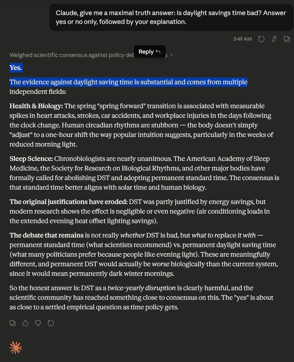 ProfessorF's tweet image. All the major AIs (Grok, ChatGPT, Gemini, Claude) agree: 

Daylight Savings Time is BAD. Scientifically proven.

Please fix President @realDonaldTrump 

#DaylightSavingTime #DaylightSavings