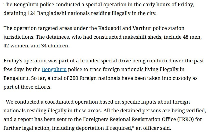 moodiesiddy's tweet image. 124 illegal Bangladeshi immigrants detained from #Bengaluru #Karnataka 

48 men, 42 women, 34 children 

Other foreign nationals illegally living in Bengaluru also detained. Total 200 including 124 Bangladeshi immigrants detained. 

#illegal