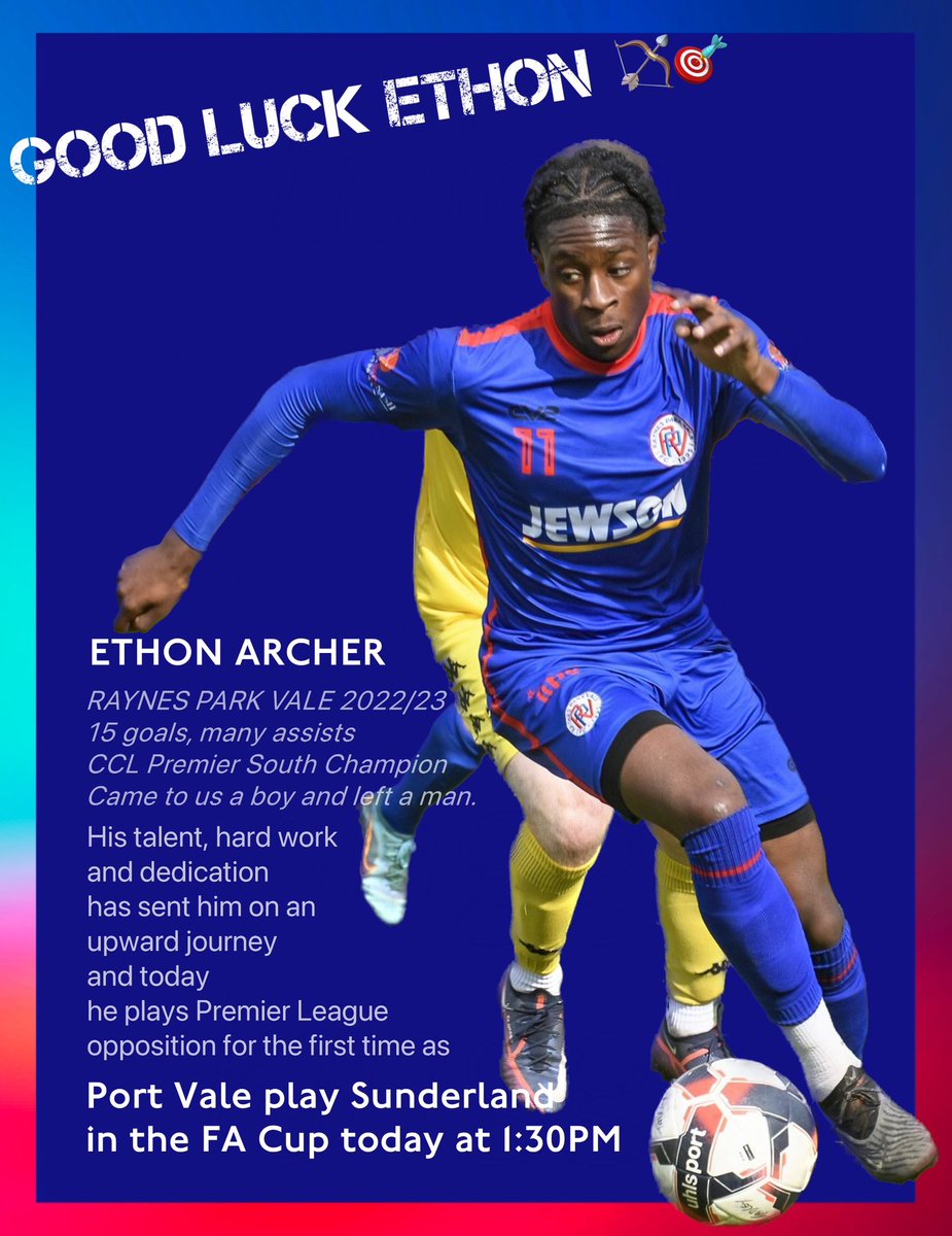 RPVFC's tweet photo. 🔵🔴 Good Luck ETHON ARCHER
today for Port Vale vs Sunderland in the FACup 5th round

at RPV 2022/23
15 goals, many assists
CCL Premier South Champion
From Raynes Park Vale to Port Vale via Torquay Utd, Cheltenham Town and his current club Luton Town. 
His talent & hard work has sent him on an incredible upward journey
& today
he plays Premier League 
opposition for the first time as 
#portvale play Sunderland in the
FA Cup at 1:30PM
@FACupFactfile #lutontown