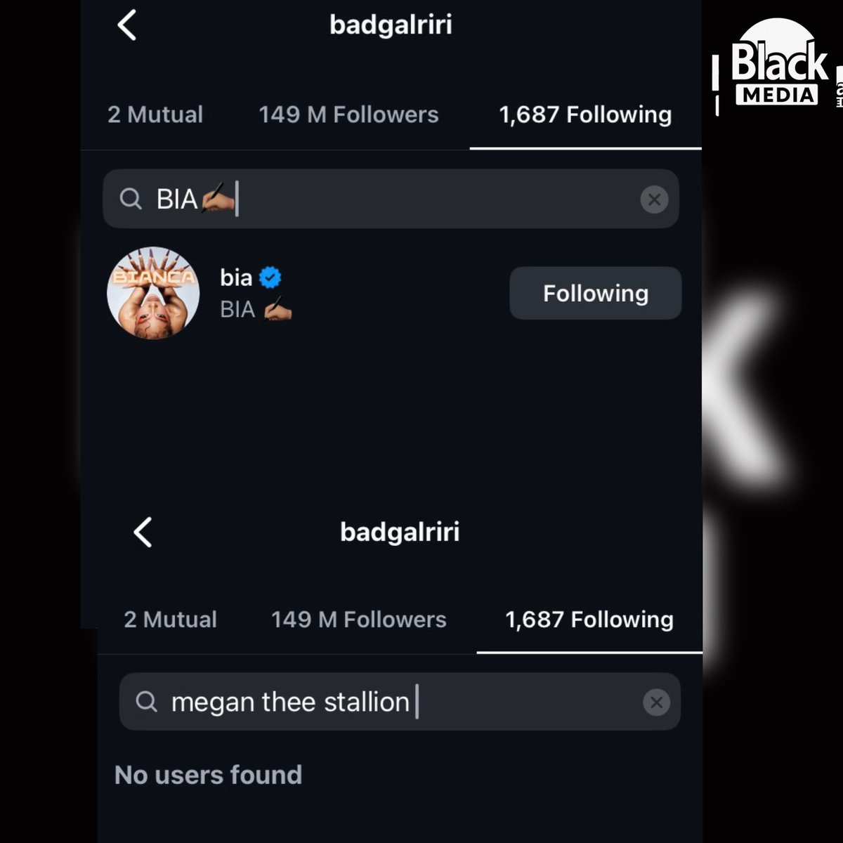 Rihanna has followed BIA on Instagram but does not follow Megan Thee Stallion, despite them sharing the same management.👀