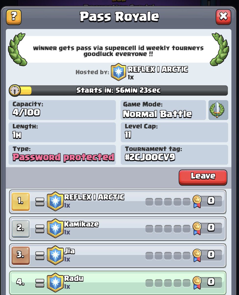 FREE PASS ROYALE TOURNAMENT NOW

- Every week pass royale tournament 🥇
- ladder rewards for season end 💸
- contracts for top Players 💰

sponsored by <a href="/ReflexArcticCr/">Reflex</a> go follow 

dm for any infos &amp; contracts