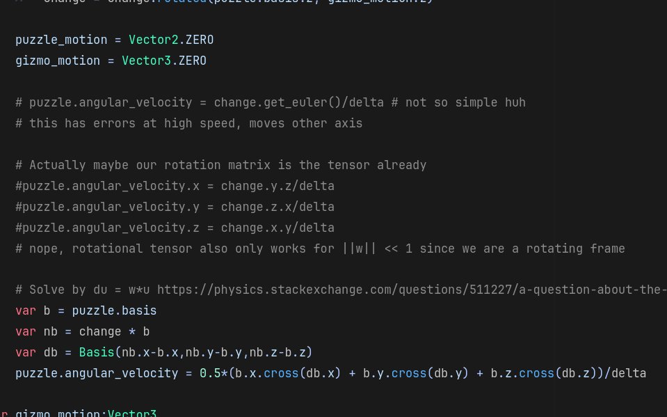 henpemaz's tweet photo. Yall ever run into problems that should be simple but they send you in a whole quest and then back to the physics textbooks? This is just for properly rotating a physical object using gizmos. #gamedev https://t.co/xvL5VaYfol