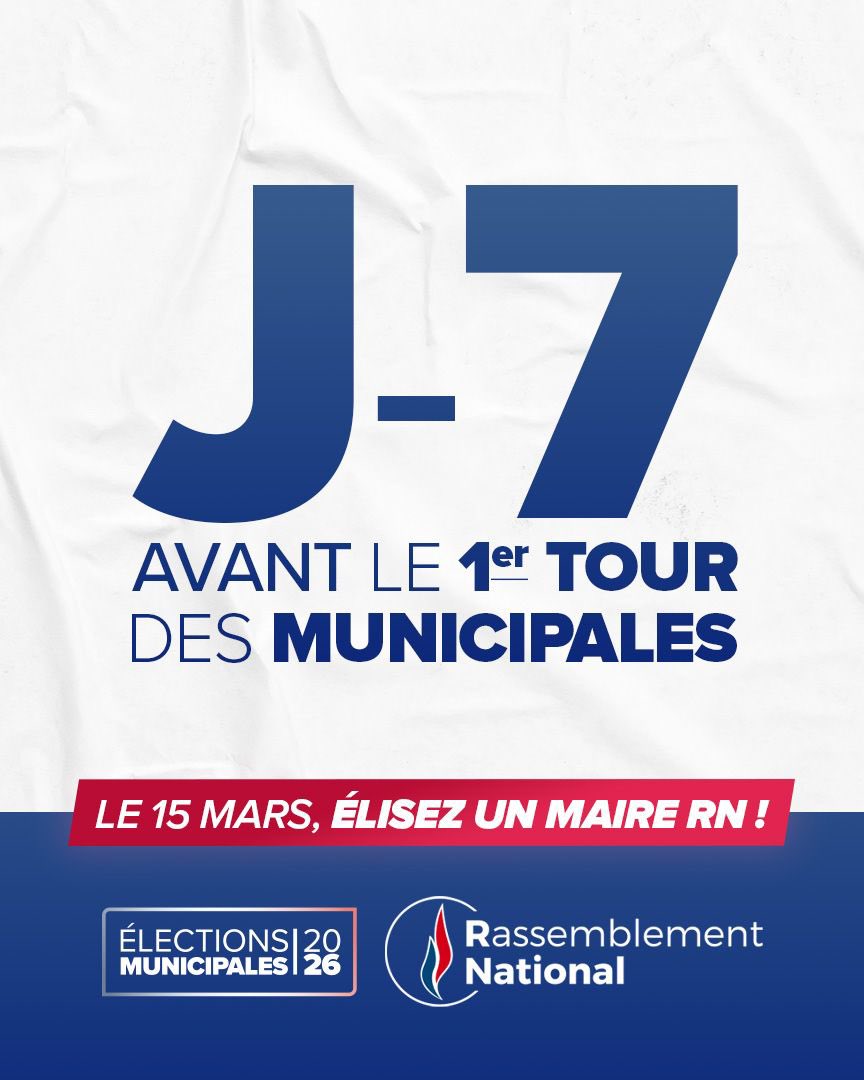 🇫🇷 J-7 avant le premier tour des élections municipales !

Le 15 mars prochain, mobilisez-vous et votez pour les listes RN-UDR !

🗳️ Indisponible ? Votez par procuration et ne laissez personne décider à votre place : procuration.rassemblementnational.fr