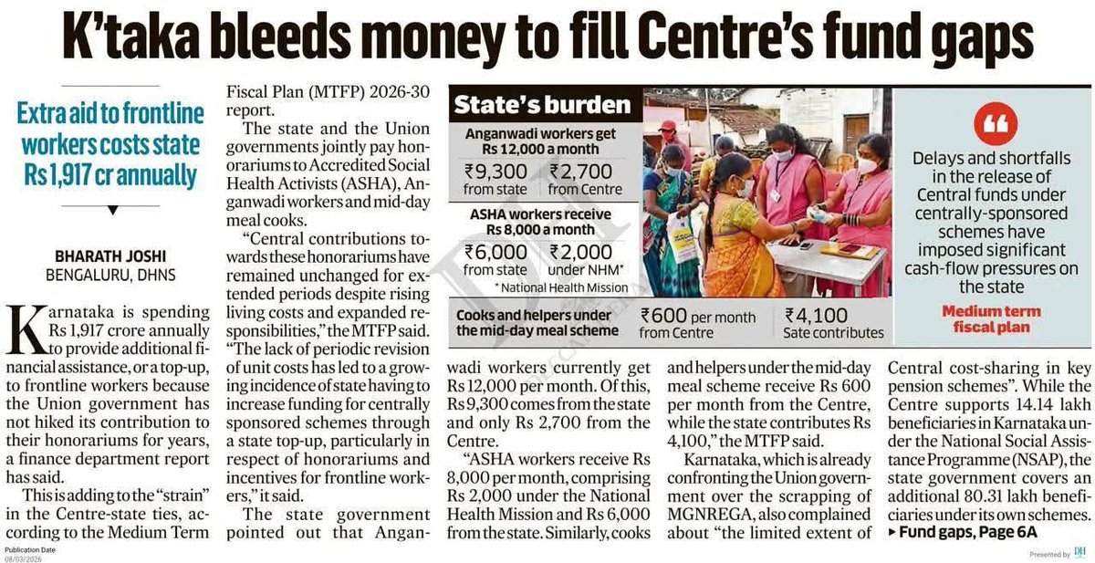 ಆಶಾ ಕಾರ್ಯಕರ್ತೆಯರು ರಾಜ್ಯ ಸರ್ಕಾರದಿಂದ ₹9,300 ಪಡೆಯುತ್ತಾರೆ, ಆದರೆ ಕೇಂದ್ರದಿಂದ ಕೇವಲ ₹2,700 ಮಾತ್ರ.ಭಾರಿ ಭಾಷಣ ಬಿಗಿವ <a href="/narendramodi/">Narendra Modi</a>  ಕೇಂದ್ರ ಸರ್ಕಾರದ ಗೌರವಧನವನ್ನು ಹೆಚ್ಚಿಸಿಲ್ಲ. ಈ ಕೊರತೆಯನ್ನು ಭರಿಸಲು ರಾಜ್ಯ ಸರ್ಕಾರ ಹೆಚ್ಚುವರಿ ₹1,907 ಕೋಟಿ ವೆಚ್ಚ ಮಾಡುತ್ತಿದೆ.
<a href="/Dr_Yathindra_S/">Dr Yathindra Siddaramaiah</a> <a href="/siddaramaiah/">Siddaramaiah</a>