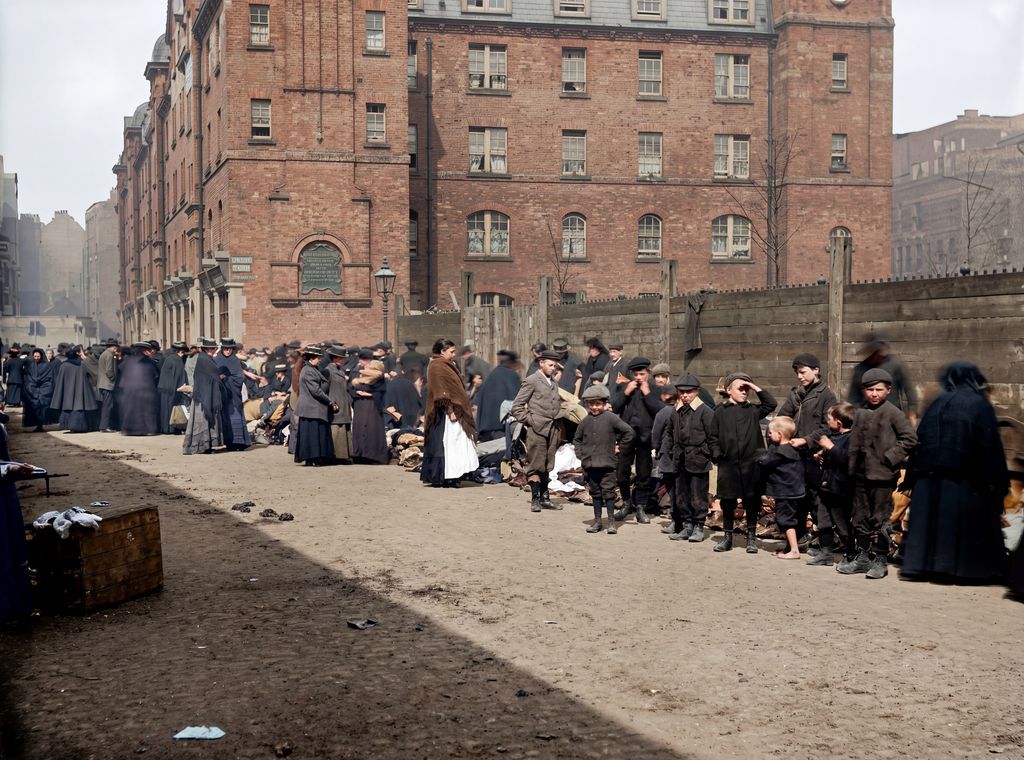 1903, Rag Fair' 

Bargain hunters gathered daily along Patrick Street at Dublin’s famous Rag Fair. A bustling open-air market where second-hand clothes, boots, &amp; household goods were bought, sold, &amp; bartered. Garments were often laid out directly on the street.

📷 NLI