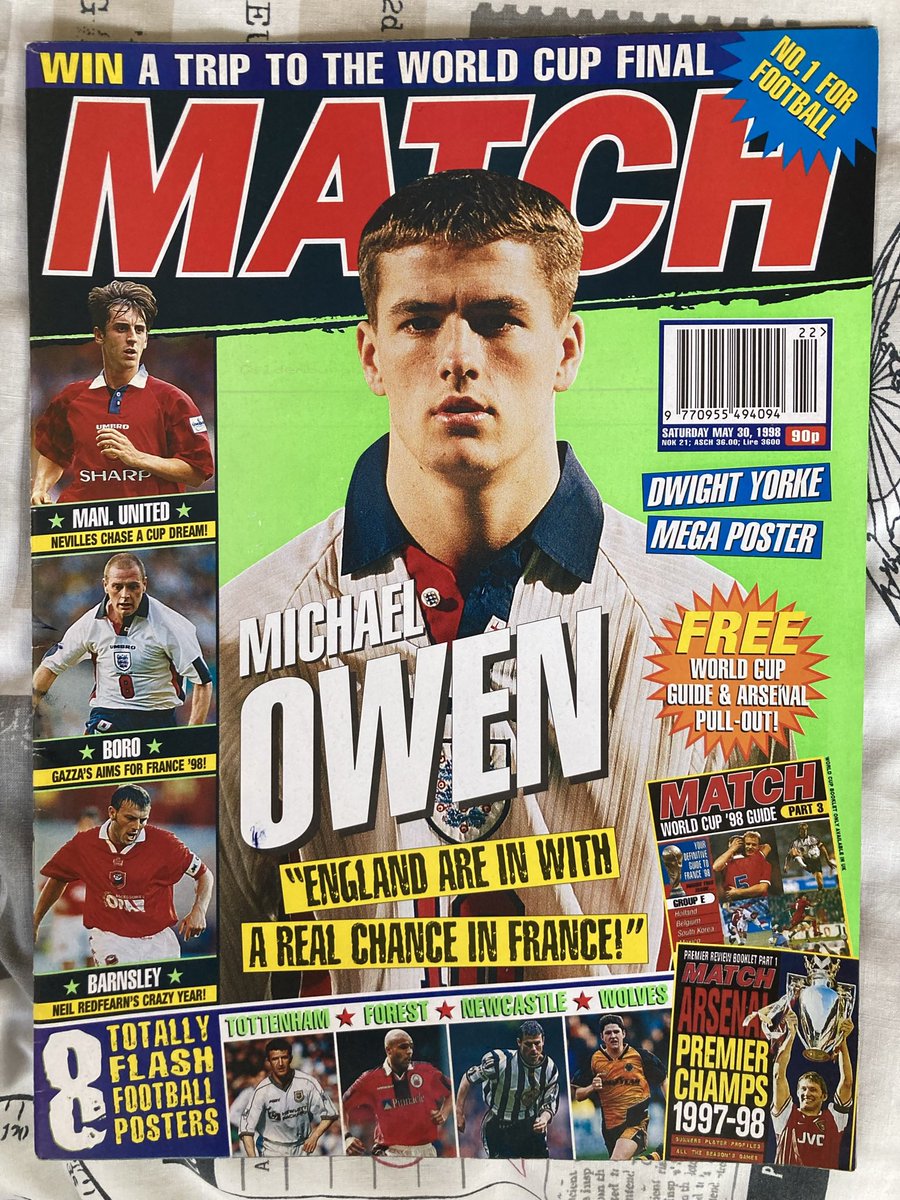 MMoftheD's tweet photo. It’s 1998, on the eve of the World Cup in France, teenage sensation Michael Owen is feeling bullish about England’s chances, and there’s a World Cup guide free with your new Match magazine.

All for 90p!

Just wonderful. https://t.co/yvahIbiF9E