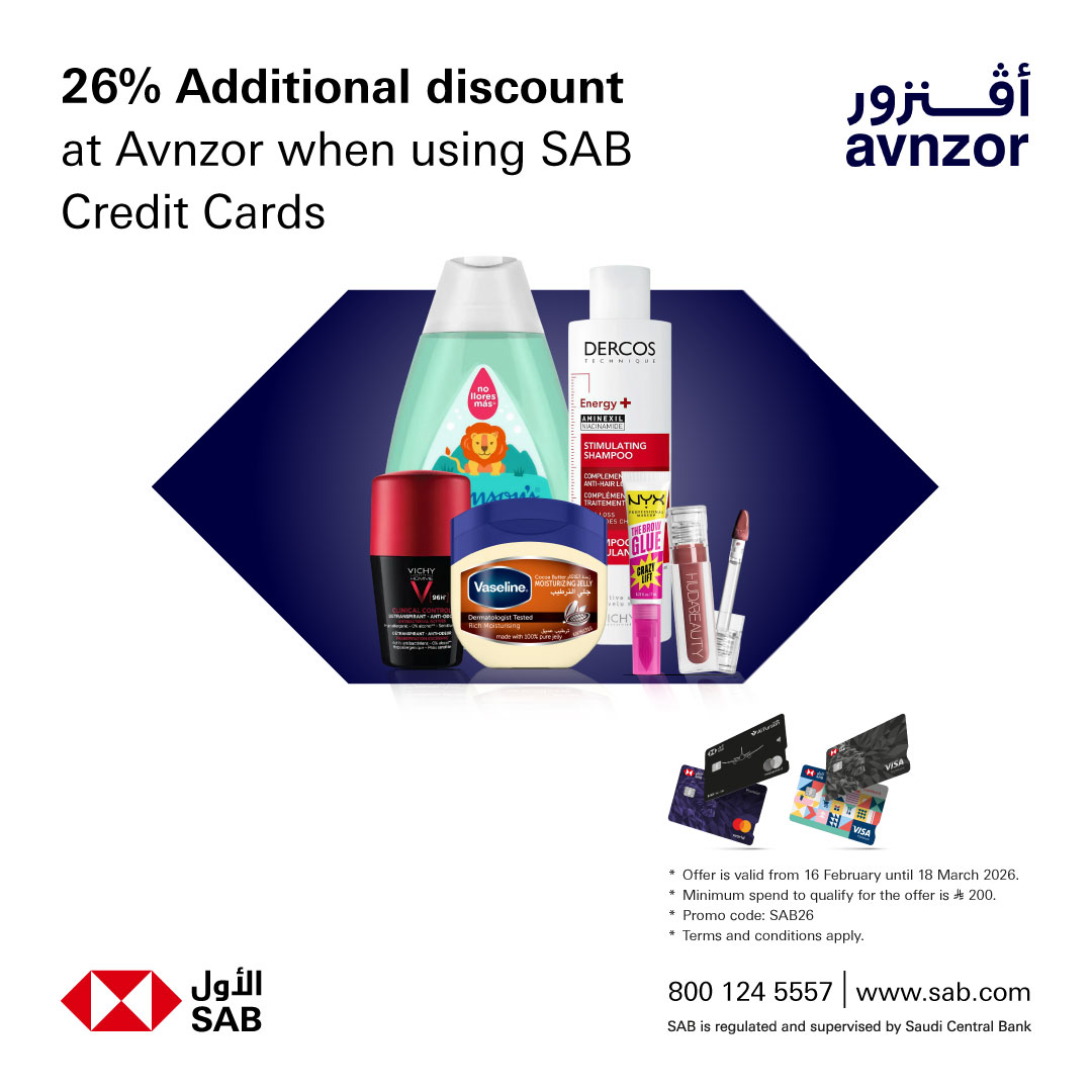 alawwalsab's tweet image. 26% additional discount at Avnzor when using #SAB Credit Cards.
To benefit from the offer, please visit our website:
grp.hsbc/6014h72xq
It’s #Simple…