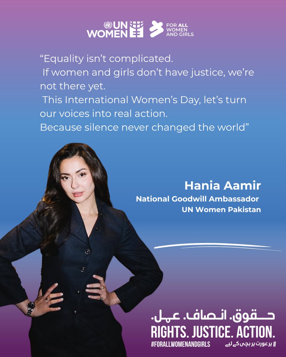 unwomen_pak's tweet photo. This International Women’s Day, UN Women National Goodwill Ambassador Hania Aamir reminds us that justice for women &amp; girls is justice for everyone.
Let’s raise our voices, challenge inequality, and turn words into action for a more equal Pakistan.

#IWD2026 #ForAllWomenAndGirls https://t.co/kqAkXn8So3