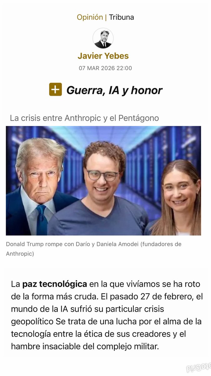 📖 👉🏻 ¿𝐓𝐢𝐞𝐧𝐞 𝐩𝐫𝐞𝐜𝐢𝐨 𝐥𝐚 𝐢𝐧𝐭𝐞𝐠𝐫𝐢𝐝𝐚𝐝 𝐞𝐧 𝐒𝐢𝐥𝐢𝐜𝐨𝐧 𝐕𝐚𝐥𝐥𝐞𝐲❓
💡 Descúbrelo leyendo este artículo publicado en <a href="/informacion_es/">INFORMACION.es</a>

👉🏻 informacion.es/opinion/2026/0…

🚀 COMPARTE, 𝘊𝘖𝘔𝘌𝘕𝘛𝘈 y 𝗦𝗜́𝗚𝗨𝗘𝗠𝗘

#IA #etica #anthropic #pentagono #guerra