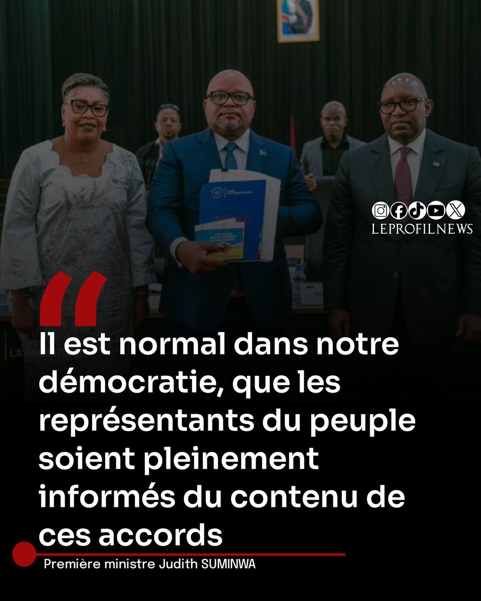 #RDC : Judith SUMINWA présente à l'assemblée nationale et au sénat les projets de loi sur la ratification de l'accord de paix RDC-#RWANDA, signé en juin 2025, ainsi que l'accord stratégique bouclé en décembre 2025 au #USA. Conformément à l'article 214 de la constitution.