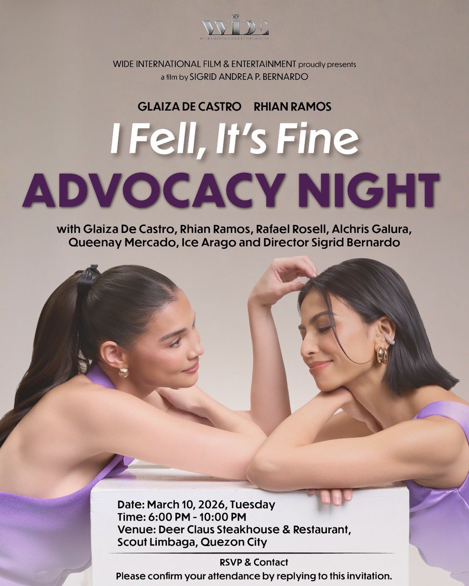 Join Glaiza De Castro, Rhian Ramos, and the cast and director of ‘I Fell, It’s Fine’ for an Advocacy Night on March 10, Tuesday — a special evening to talk about the film, its message of women empowerment, and the advocacies it champions 🎬✨

#GlaizaDeCastro #IFELLITSFINE