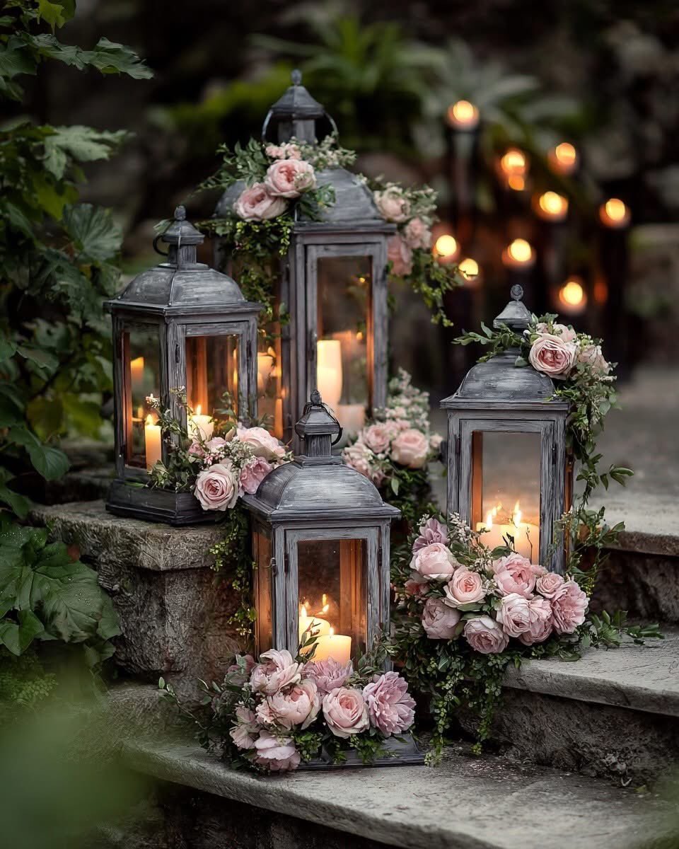 Lois0814's tweet photo. These weathered lanterns glowing with soft candlelight and draped in blush pink roses feel like a secret garden hideaway at dusk. So much cozy magic πΉπ―οΈ #LanternGlow #RusticRomance #GardenVibes #CandlelitMagic https://t.co/8aZayDgU8h
