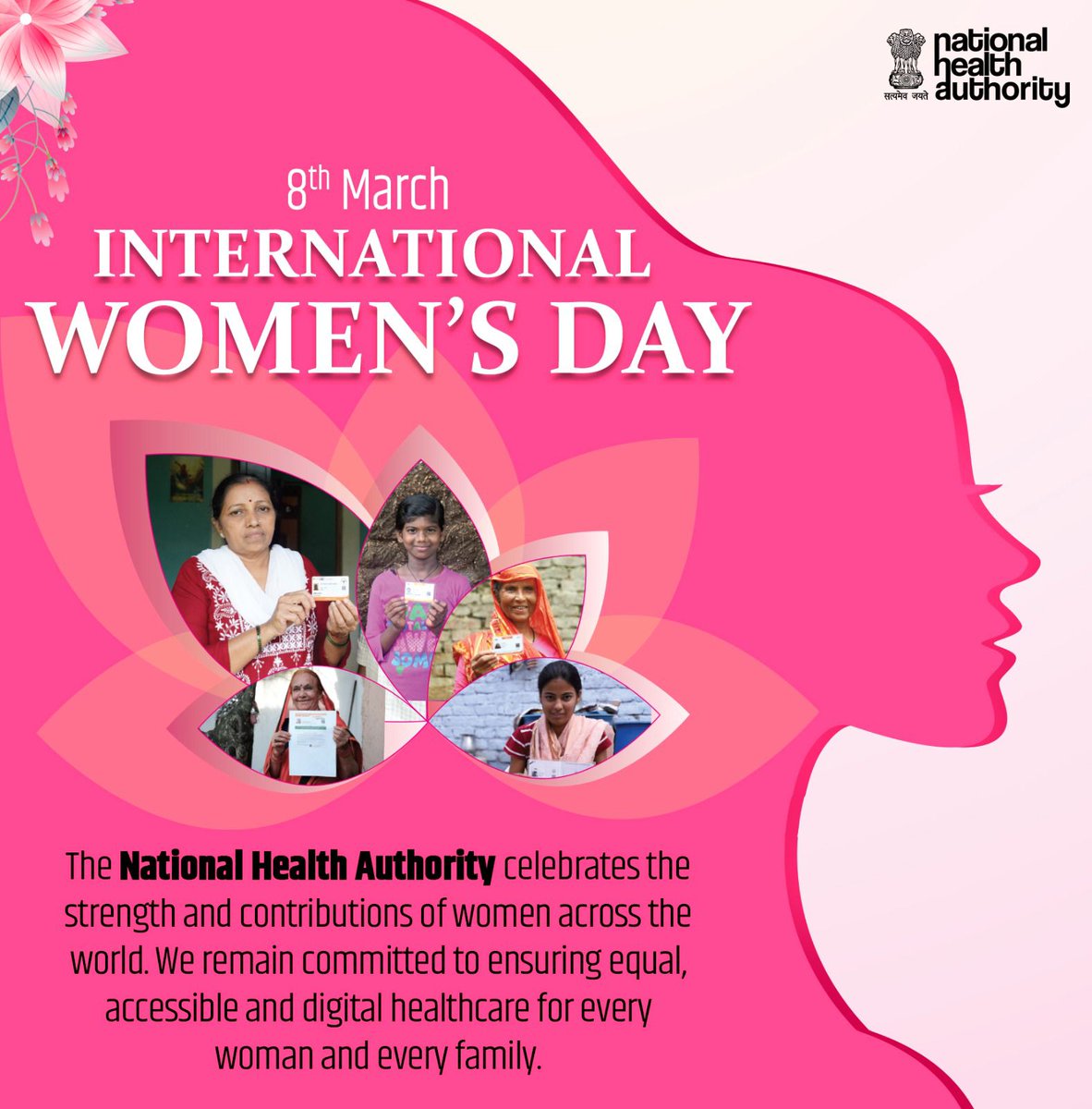 AyushmanNHA's tweet photo. 🌸 On #InternationalWomensDay2026, NHA celebrates the women who lead, nurture, and strengthen communities every day. 

Through initiatives under Ayushman Bharat, we continue working towards a future where every woman has access to quality &amp; inclusive healthcare. https://t.co/9CA54ZPS2V