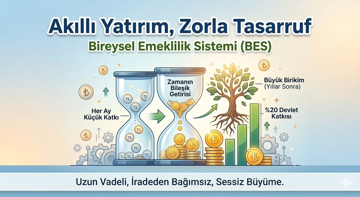 m3rdem's tweet photo. Akıllı Yatırım, Zorla Tasarruf: 

Bireysel Emeklilik Sistemi

#Biriktirme işini sadece kendi iradesine bırakanlar genelde yarı yolda kalıyor. Bu yüzden sistemin sizi "zorlaması" aslında finansal bir lütuf. Dün bahsettiğim #fon talimatı stratejimin en büyük yardımcısı: #BES.

Bireysel Emeklilik Sistemi'ni (BES) sadece bir emeklilik planı olarak görmüyorum. Burası, her ay bütçenizden otomatik kesintilerle beslenen ve zamanla devleşen bir zorunlu kumbara.

Neden devam ediyorum?

1️⃣ %20 Devlet Katkısı: 2026 itibariyle katkı oranı %20 olsa da, masaya koyduğunuz 100 TL’nin anında 120 TL olması hala muazzam bir başlangıç avantajı. 
2️⃣ Görmediğin Para Senin Değildir: Maaş yatar yatmaz o para sistem tarafından çekiliyor. Harcama şansın kalmıyor, sistem seni zorla tasarrufa itiyor. 
3️⃣ Çocukların Geleceği: Kendisi için yapmayan biri bile, her bir çocuğu için bu sistemi küçük yaşta başlatmalı. Bileşik getirinin gücü, yıllar sonra o küçük damlaları koca bir göle dönüştürüyor.

Şunun altını çizmek lazım: Bu ne kısa ne de orta vadeli bir macera. Tamamen uzun vadeye odaklanıp, beklentiyi ön plana koymadan yapılması gereken bir birikim. Aksi halde piyasadaki dalgalanmalarda psikolojiyi yönetemez, sistemi sorgularken kendinizi bulursunuz.

Sistem tartışmaya açık olabilir ama matematik açık: Damlaya damlaya göl olur. Yarın bir gün "keşke" dememek için, farkında olmadan kenara bir şeyler atmak her zaman kazandırır.  ☝️😊