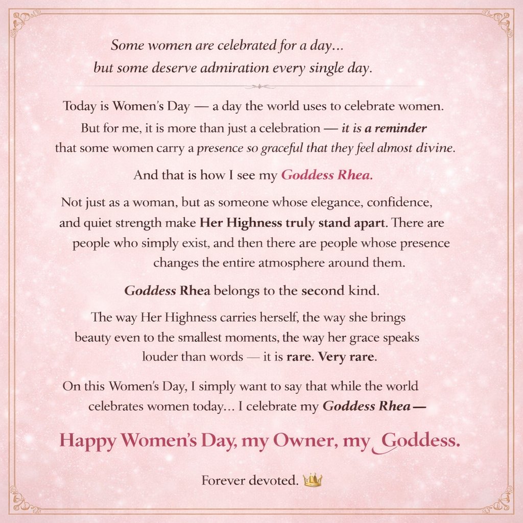 Shoaibbslave's tweet photo. The world celebrates women today. But I kneel only for one.
Goddess Rhea My Queen, my Owner.
On this Womens Day, I do not just celebrate i honor the one I proudly kneel for.
Happy Women’s Day, my Owner @Miss_Rhea2. 👑
#WomensDay2026 #GoddessRhea #DivineFeminine #RoyalGrace https://t.co/qm0dZ1FQHD
