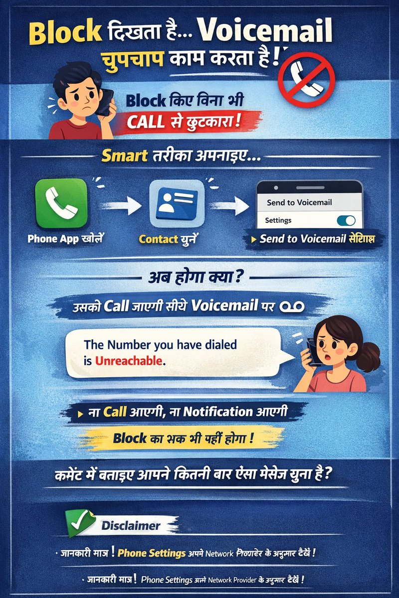क्या आपको पता है किसी को Block किए बिना भी उसकी कॉल से छुटकारा पाया जा सकता है?

और सामने वाले को यह भी नहीं पता चलेगा कि आपने उसे जानबूझकर avoid किया है!
फोन की एक छोटी-सी सेटिंग उसकी हर कॉल को खुद ही गायब कर देती है।
99% लोग इस स्मार्ट ट्रिक को आज तक नहीं जानते
कॉल से छुटकारा