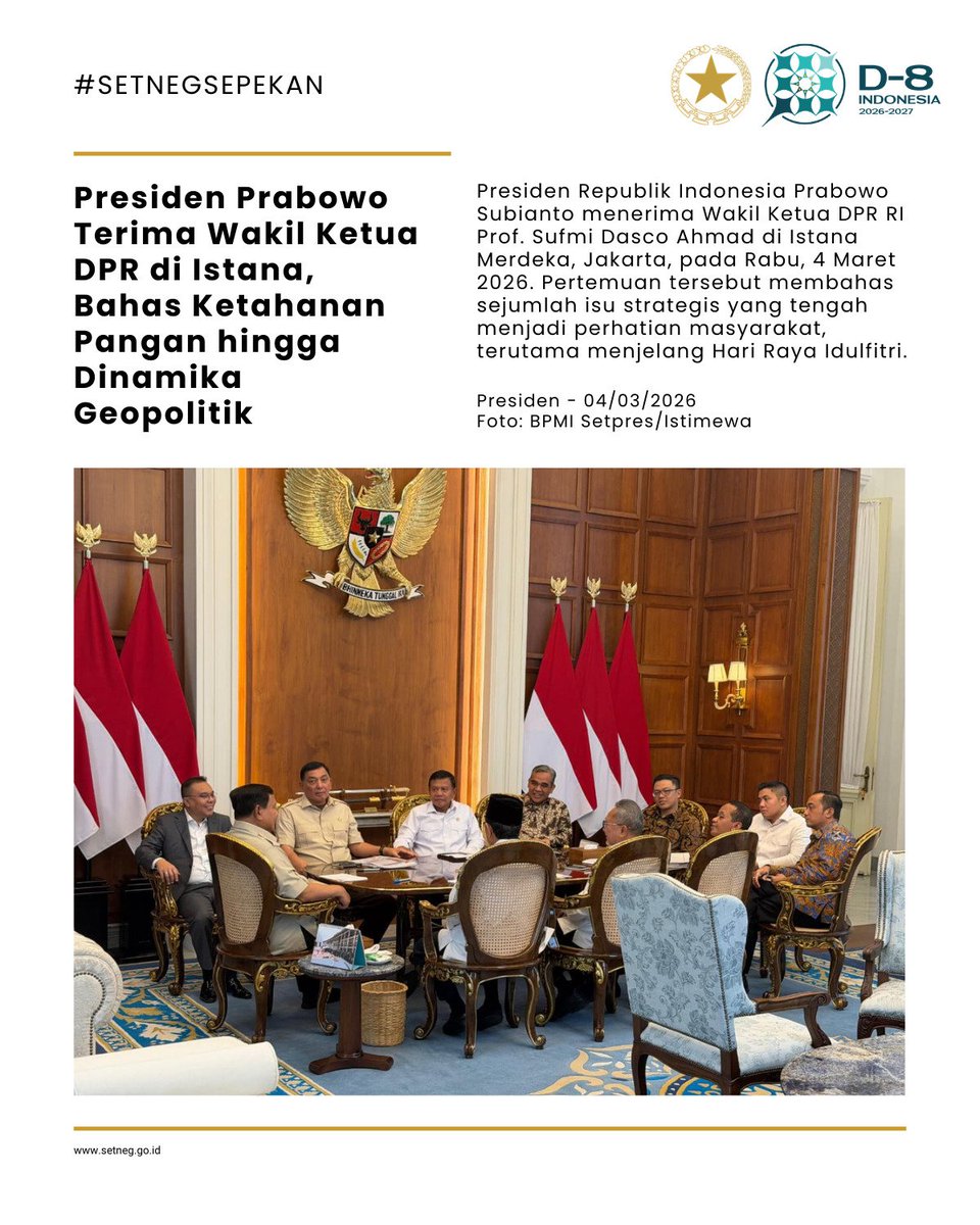 SETNEG SEPEKAN FOTO  

Kumpulan foto highlight kegiatan Presiden, Wakil Presiden, Menteri Sekretaris Negara, dan Kementerian Sekretariat Negara selama sepekan Edisi 2-8 Maret 2026. (1/2)  

#KemensetnegRI 
#SetnegSepekan