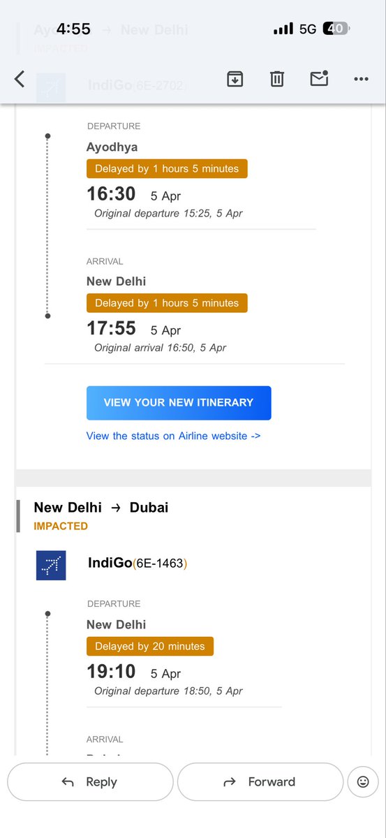imMuaviya's tweet photo. @IndiGo6E My flight from Ayodhya to New Delhi (6E-2702) is delayed by about 1 hour, and I have connecting flight from New Delhi to Dubai (6E-1463).The layover time is only around 1 hour,so I’m worried about missing the connecting flightBoth flights are  indigo which is on 5 april https://t.co/d4paoV2ZpI
