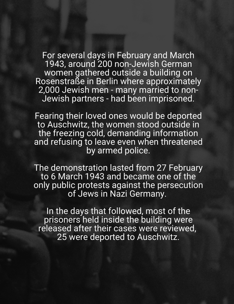 HolocaustUK's tweet photo. As part of International Women's Day, we remember the 200 women who protested the arrest of around 2,000 Jewish men, outside a building on Rosenstraße in Berlin. https://t.co/7fdFdePJBQ