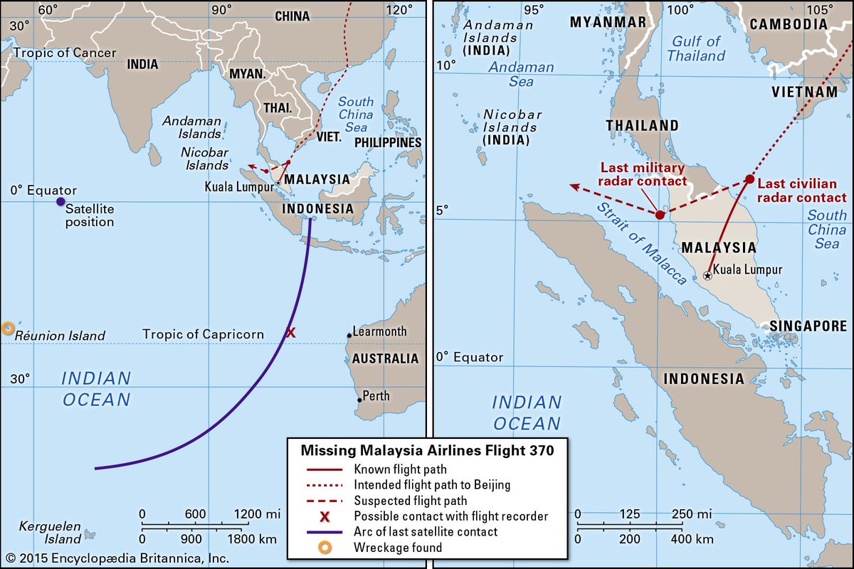 OnDisasters's tweet image. OTD in 2014: Malaysian Airlines MH 370, a B-777 with 239 aboard, disappears off Penang (Malaysia). Contact was lost some 40 mins after take-off, on the Thailand Gulf. Jet was never found; light debris later surfaced in the Indian Ocean. Cause officially undetermined. (more info