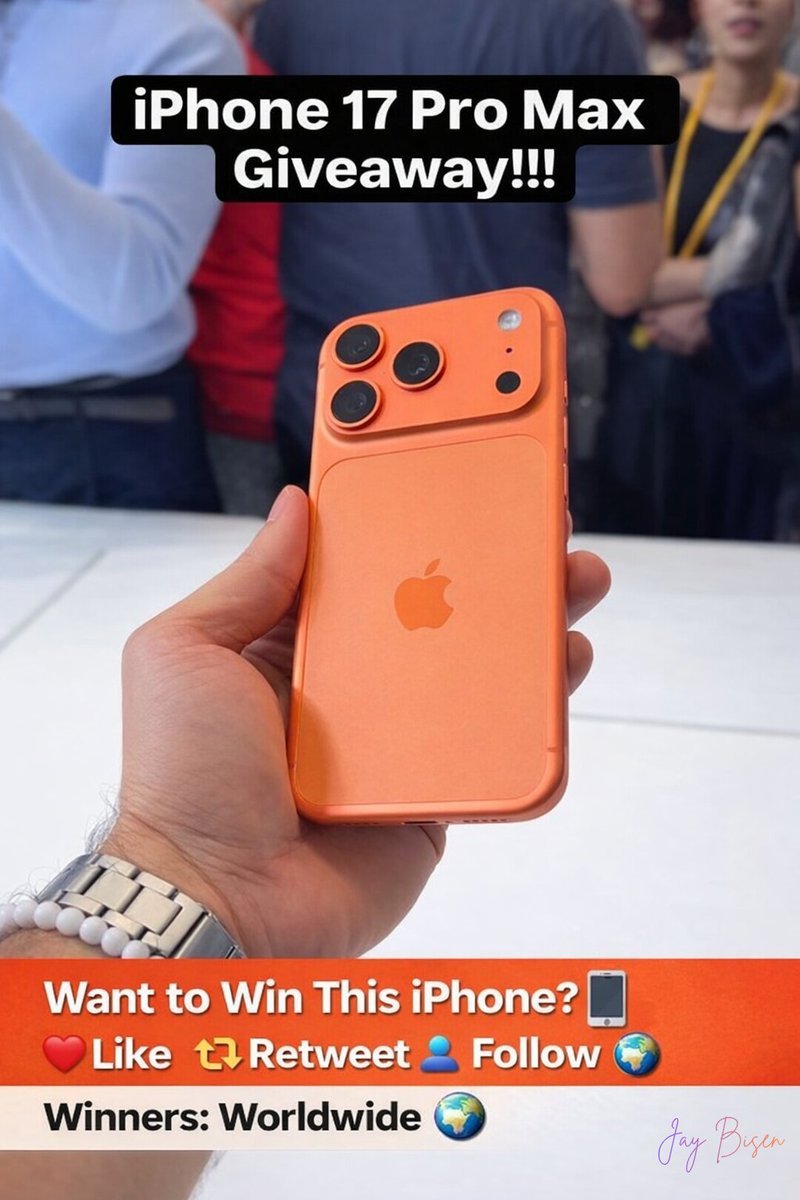 JayBisen473370's tweet photo. 🚀 iPhone 17 Pro GIVEAWAY (512GB)

Yes, this is real. I’m giving away the brand-new iPhone 17 Pro to one lucky follower as a thank-you for all the support lately. ❤️📱

How to Enter (takes 10 seconds):
1️⃣ Retweet this post
2️⃣ Bookmark it
3️⃣ Like the post
4️⃣ Follow me

🎁 What You’ll Win:
• iPhone 17 Pro — 512GB model
• 🌍 Worldwide shipping included
• Delivered straight to your doorstep

🗓️ Winner Selection:
• 100% random
• Announced here in 7 days
• I’ll post proof + tag the winner

⚡ Bonus tip: Engaging in the comments increases visibility (not required).

Good luck everyone! 🍀📱🔥
Let’s make someone’s week!