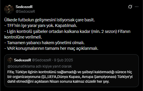 Bu söylediklerim bu ülke futbolu için sanırım hiç gerçekleşmeyecek tek tedavi yöntemi.

Bu yazılanlar uygulanmadığı sürece bu ülkede al gülüm-ver gülüm, bizim oğlan-sizin oğlan, liyakattan uzak mevki atamaları asla bitmeyecek.

Ahlak olarak yozlaşmış bir TFF VAR !