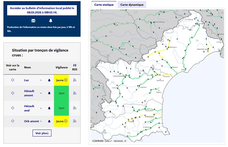 Prefet34's tweet photo. 🌧️ 🟡 actualisation météo dans l’Hérault Dimanche 8 mars
Une vigilance pluie-inondation, vigilance crues et risque d’orages sont en cours.

Les précipitations se décalent progressivement vers Montpellier avec des intensités modérées. Sur le littoral, ces pluies pourront s’accompagner d’orages.

⚠️ Vigilance crues également pour :
•l’Orb amont
•le Lez
•les basses plaines de l’Aude

Les sols étant déjà gorgés d’eau suite aux précipitations de ces derniers jours, les cumuls de pluie attendus aujourd’hui (20 à 40 mm) devraient être généralisés sur l’ensemble du département. Ces nouvelles précipitations pourraient entraîner une réaction des cours d’eau, notamment sur les secteurs surveillés.

👉 La plus grande vigilance est recommandée, en particulier lors de vos déplacements.

⚠️Ne vous approchez pas des cours d’eau et soyez vigilants dans les zones basses.
• Ne franchissez jamais une route fermée signalant une inondation.
• Ne vous engagez pas sur un passage à gué chargé en eau.

🚗 Soyez prudents dans vos déplacements, évitez les zones exposées et restez informés de l’évolution de la situation⤵️
https://t.co/V90agaTslW