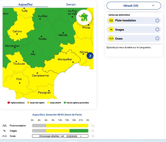 Image de Préfète de l'Hérault - 🌧️ 🟡 actualisation météo dans l’Hérault Dimanche 8 mars
Une vigilance pluie-inondation, vigilance 